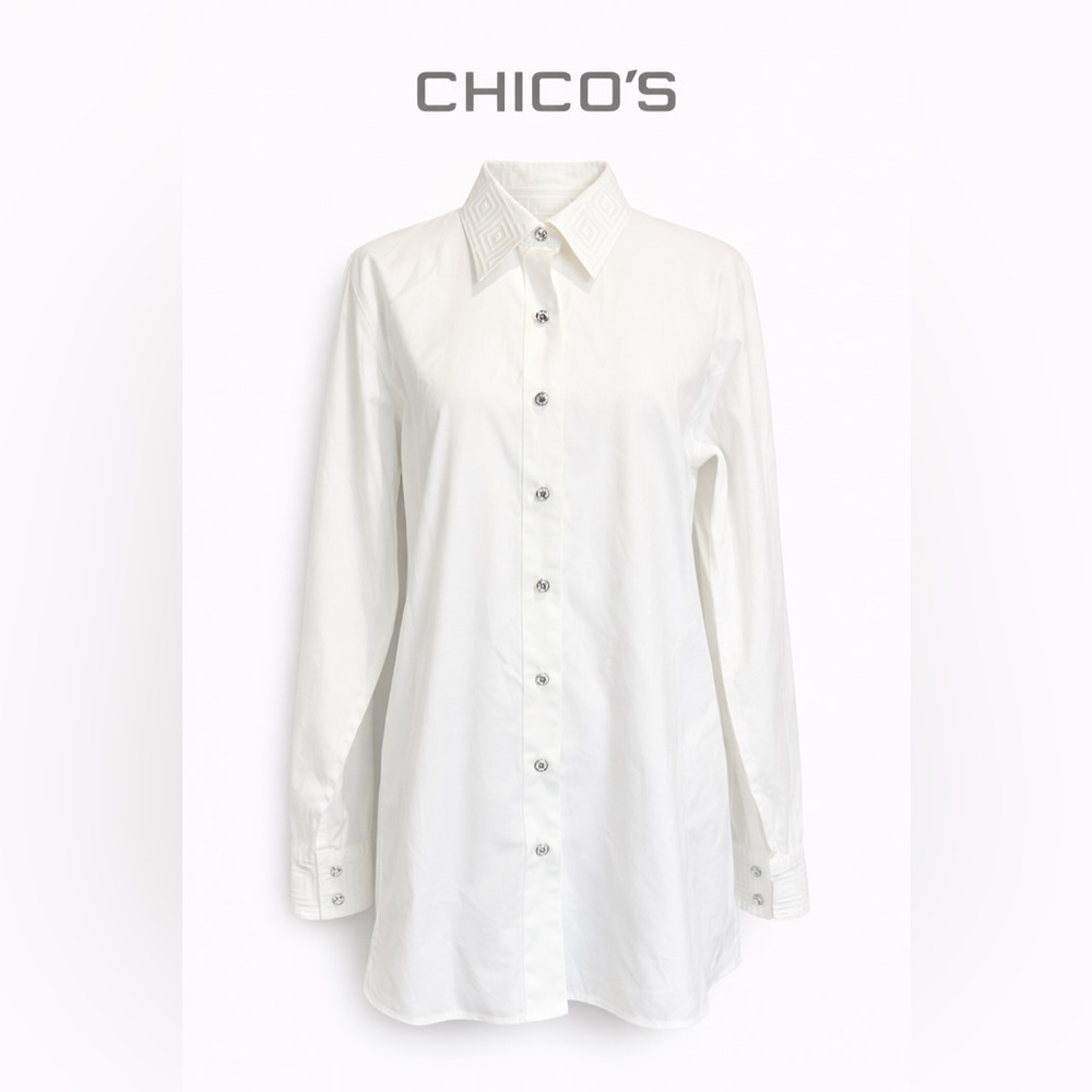 No Iron White Cotton Button Down Shirt Crystal Buttons Embroidered Collar